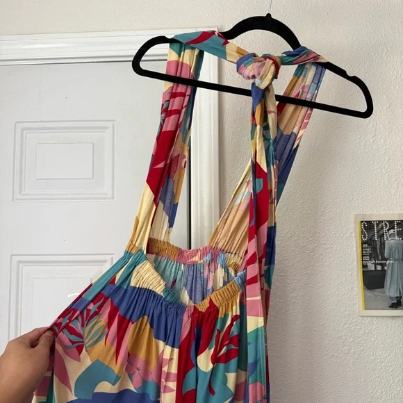 NWT ELF HANDMADE multicolor‎ floral tropical halter neck backless rayon jumpsuit